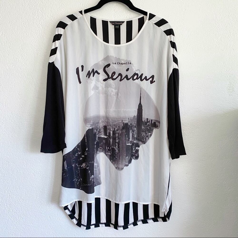 La Chapelle Black White Stripe I'm Serious Top Size Large